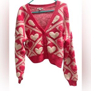 Major Label Group Cropped Boxy Fuzzy Jacquard Knit Cardigan SzS